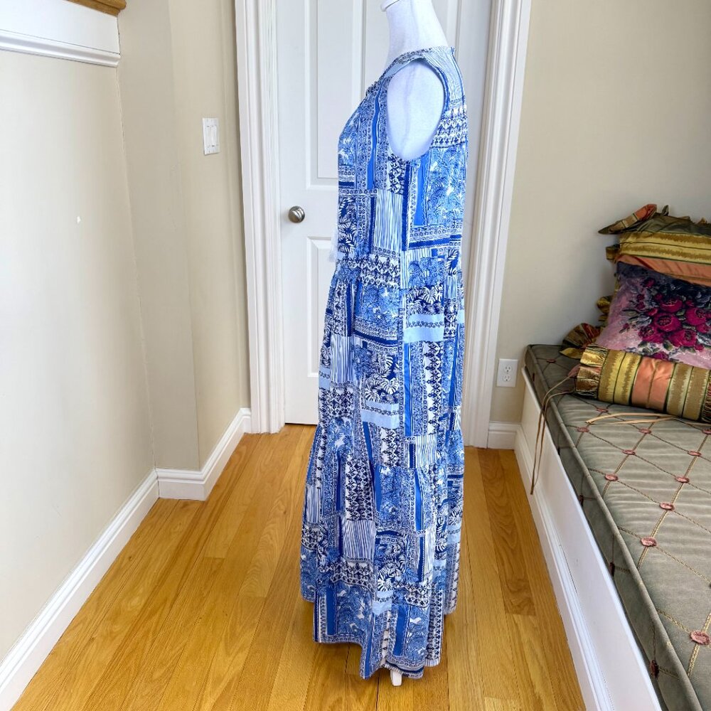 J. McLaughlin Maxi Dress Blue White Tropical Patchwork Cotton Christa (M) - Picture 3 of 8